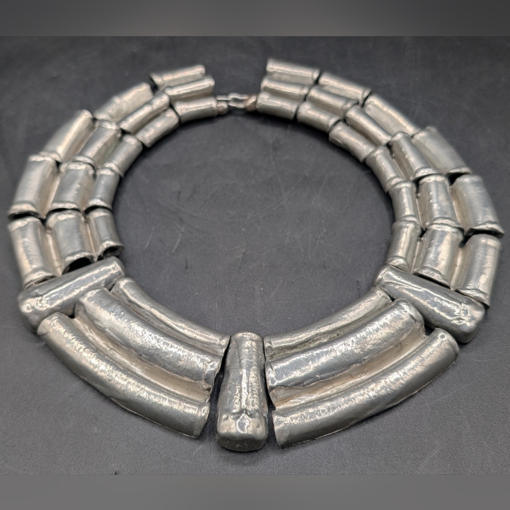 Vintage Joanne Cooper Egyptian Inspired Thick White Metal Choker Necklace, OOAK
